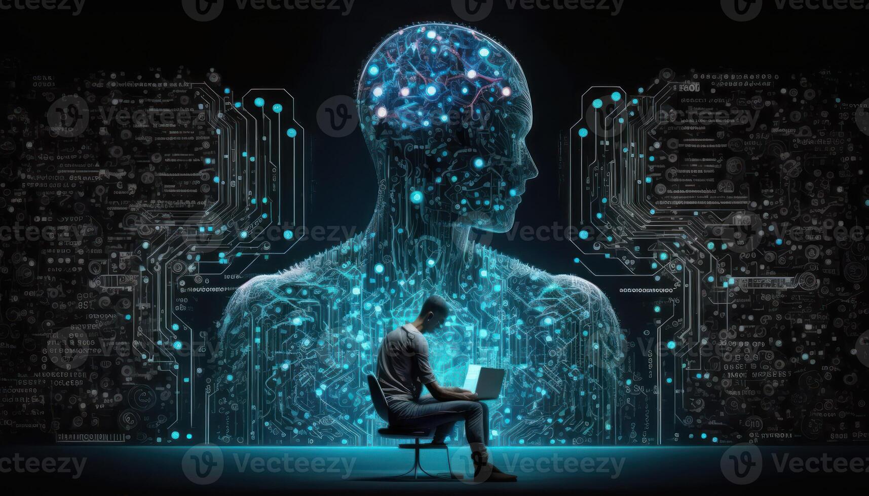Male technician sitting facing a virtual environment with big data and an artificial intelligence circuit board outlining concepts of a digital brain. photo