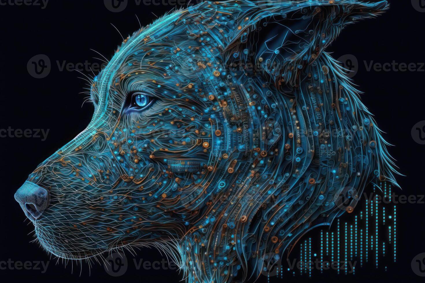 neural red de un perro cerebro con grande datos y artificial inteligencia circuito tablero en el cabeza de un azul canino, delineando conceptos de un digital cerebro, computadora. ai generado foto