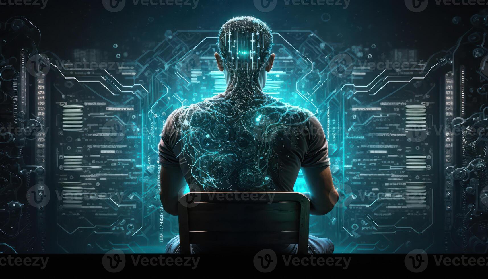 Male technician sitting facing a virtual environment with big data and an artificial intelligence circuit board outlining concepts of a digital brain. photo