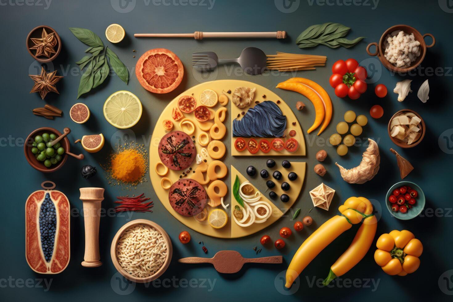 Top view of various foods as culinary concept background. photo