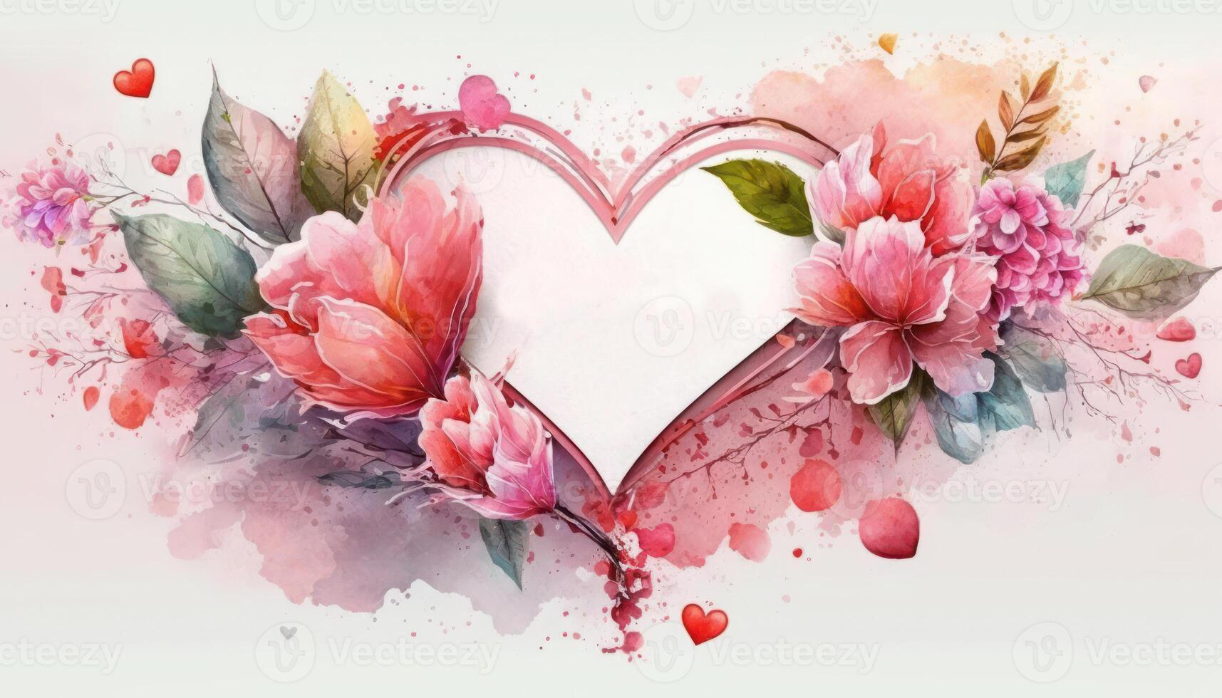 valentines day with pink watercolor love heart Beautiful floral. photo