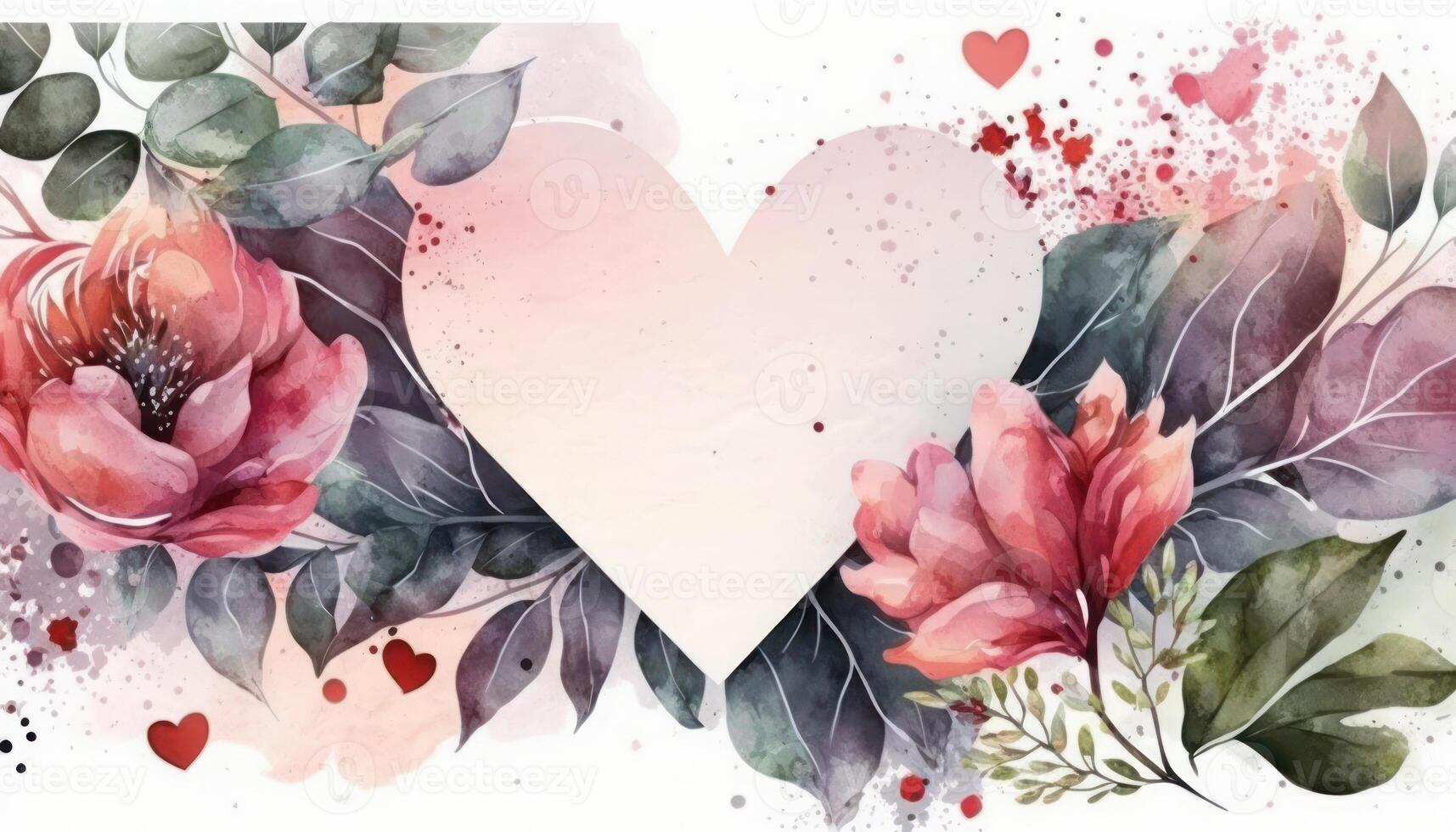 valentines day with pink watercolor love heart Beautiful floral. photo