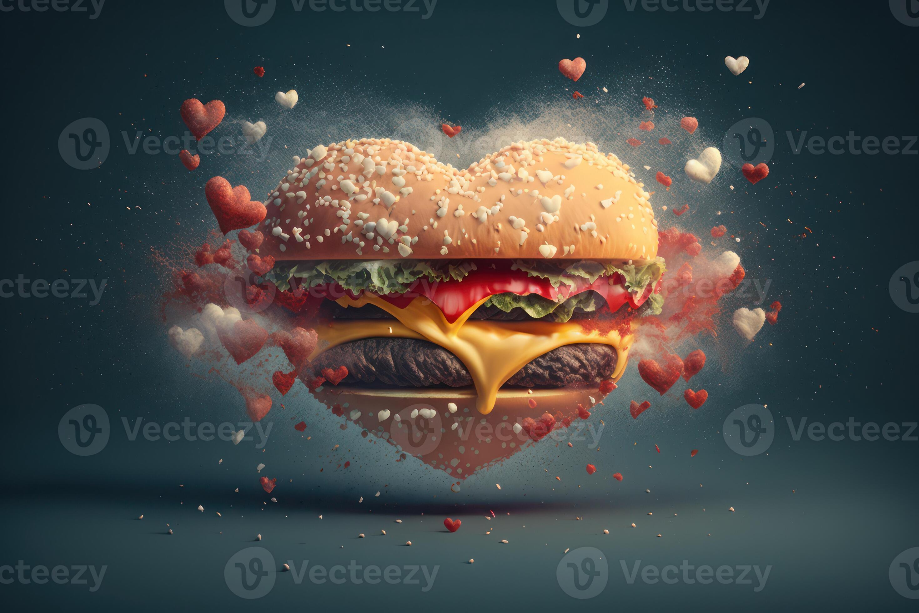 Burger in heart shape with little hearts exploding. AI Generated