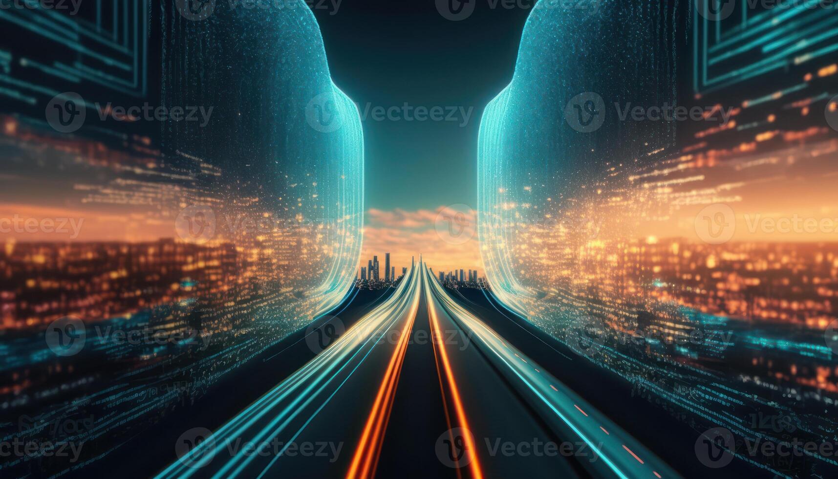 abstract highway path through digital binary towers in city. Concept of big data, machine learning, artificial intelligence, hyper loop, virtual reality, high speed network. photo