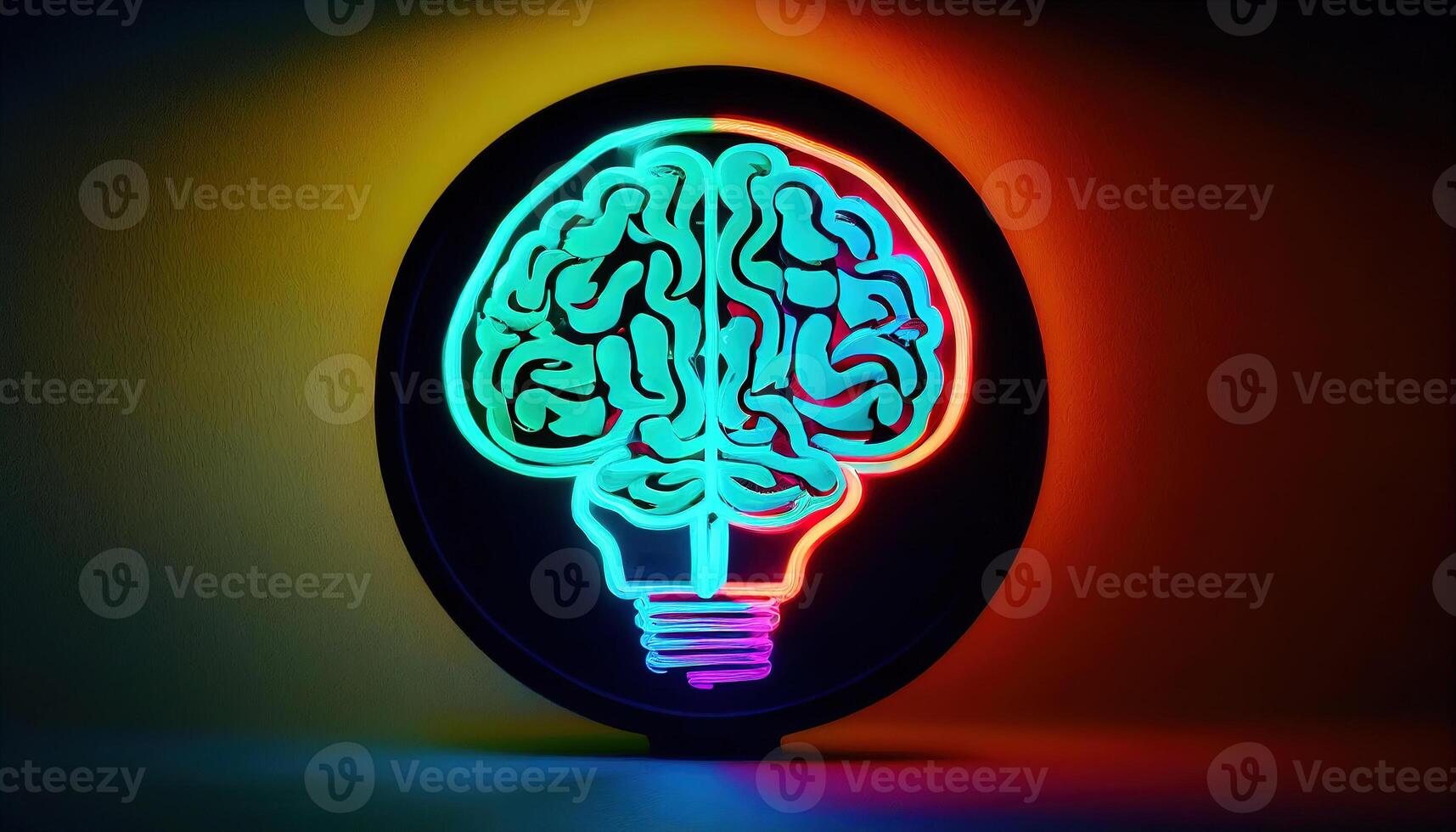 illustration collage with brain lamp bulb with neon lights. Idea and creativity concept photo