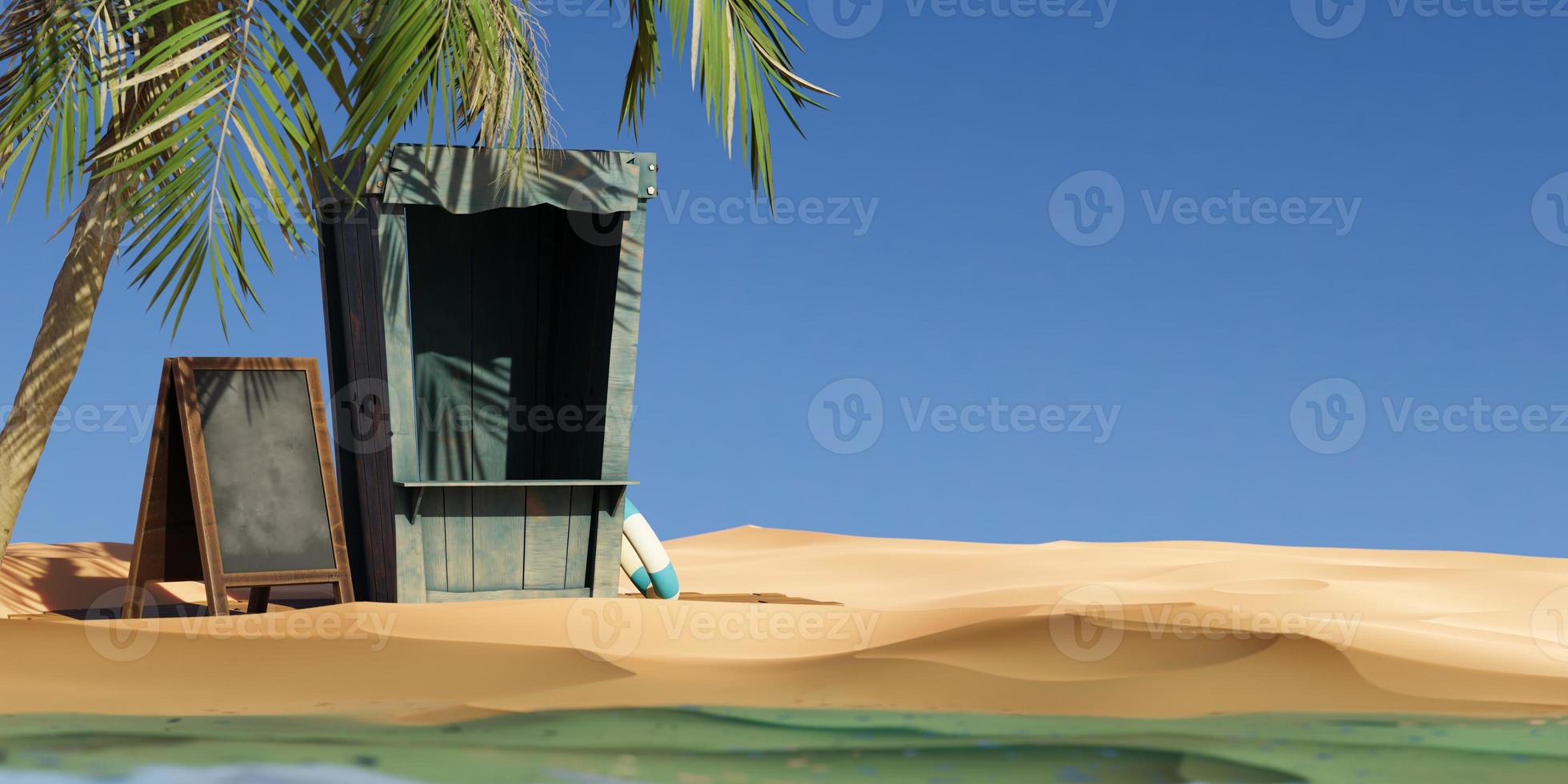 Beach hut with a board in the sand 3d render photo