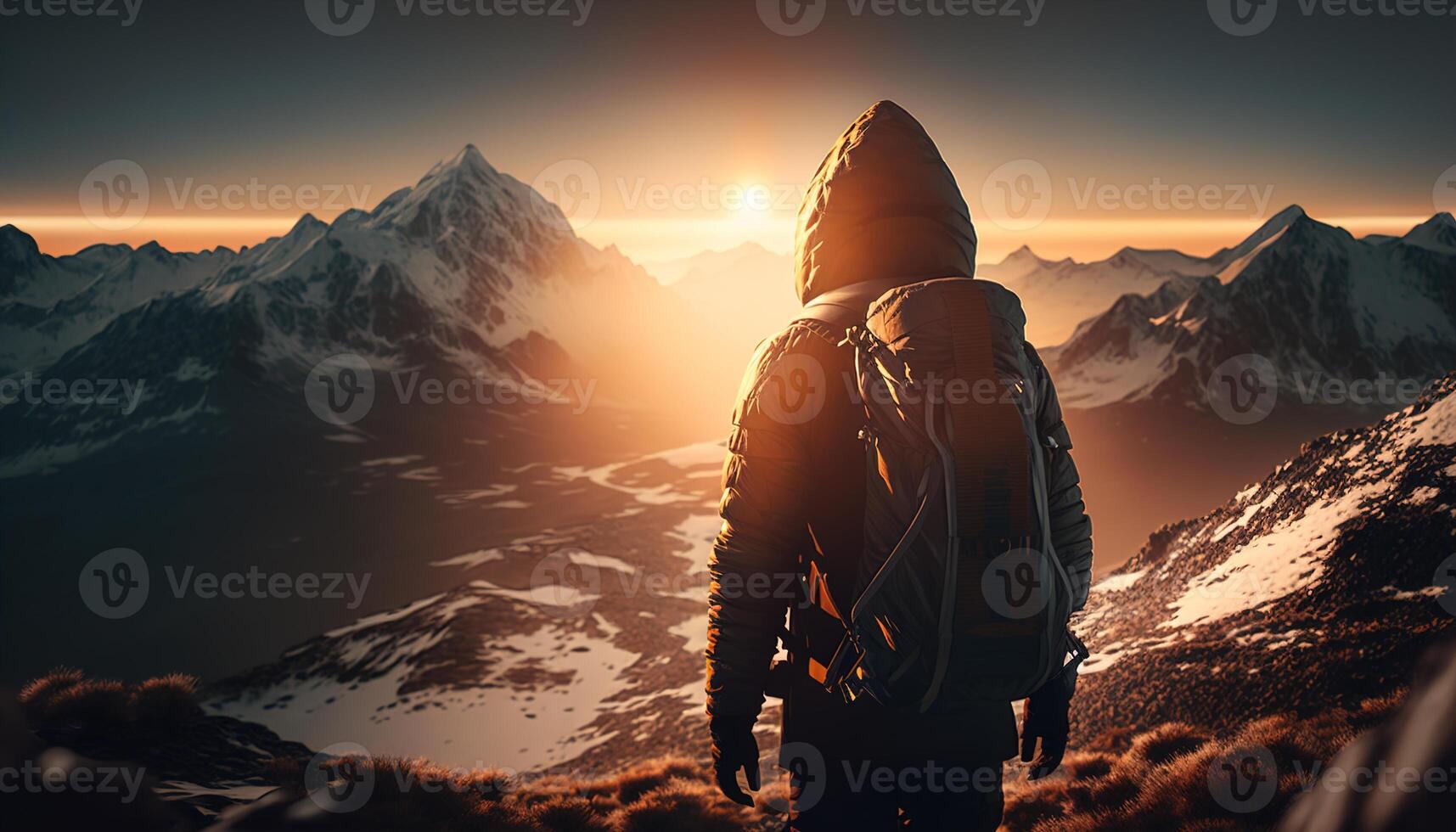 illustration of interdimensional traveler admiring orange sunset photo