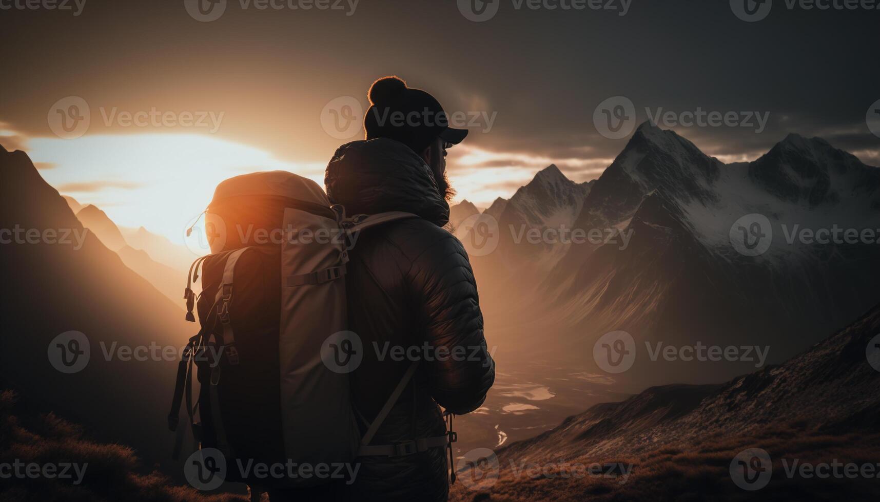 illustration of interdimensional traveler admiring orange sunset photo