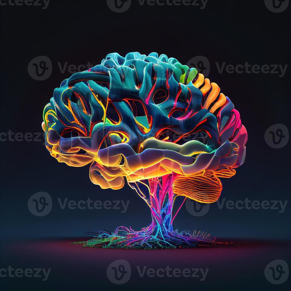 Futuristic creative brain with neon colorful light and roots. illustration photo