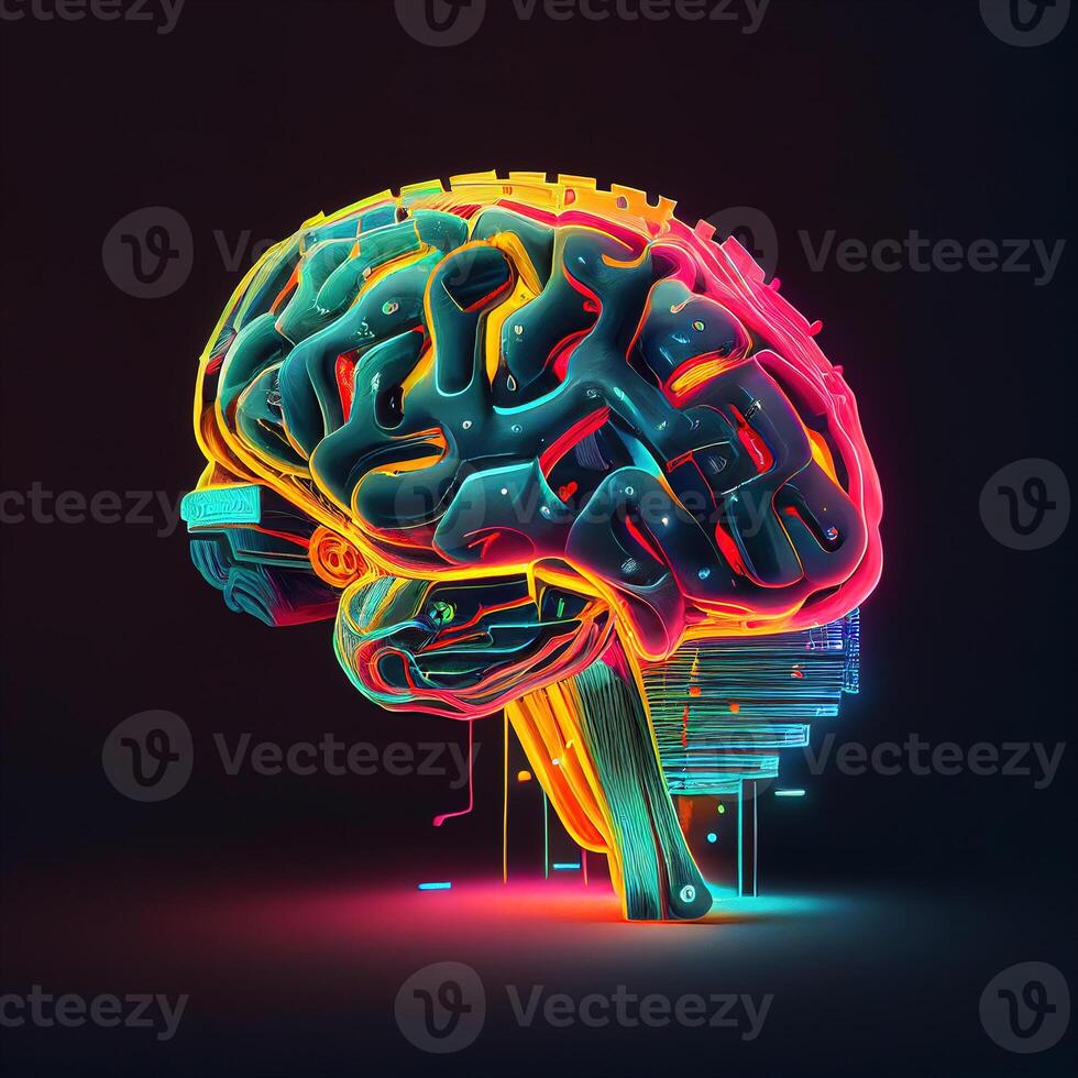 Futuristic creative brain with neon colorful light. illustration photo