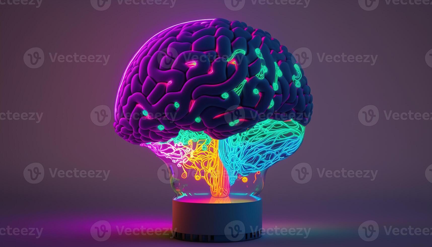 illustration collage with brain lamp bulb with neon lights. Idea and creativity concept photo