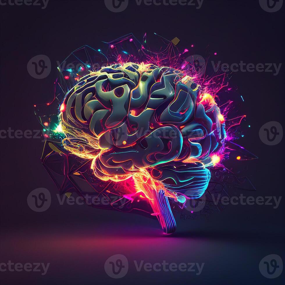 Futuristic creative brain with neon colorful light and sparks. illustration photo