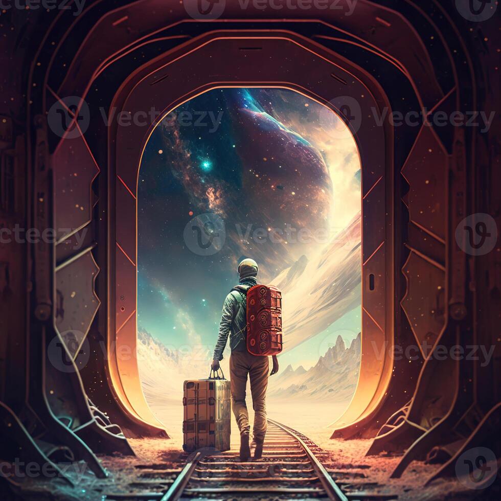 illustration of interdimensional traveler with backpack and baggage photo