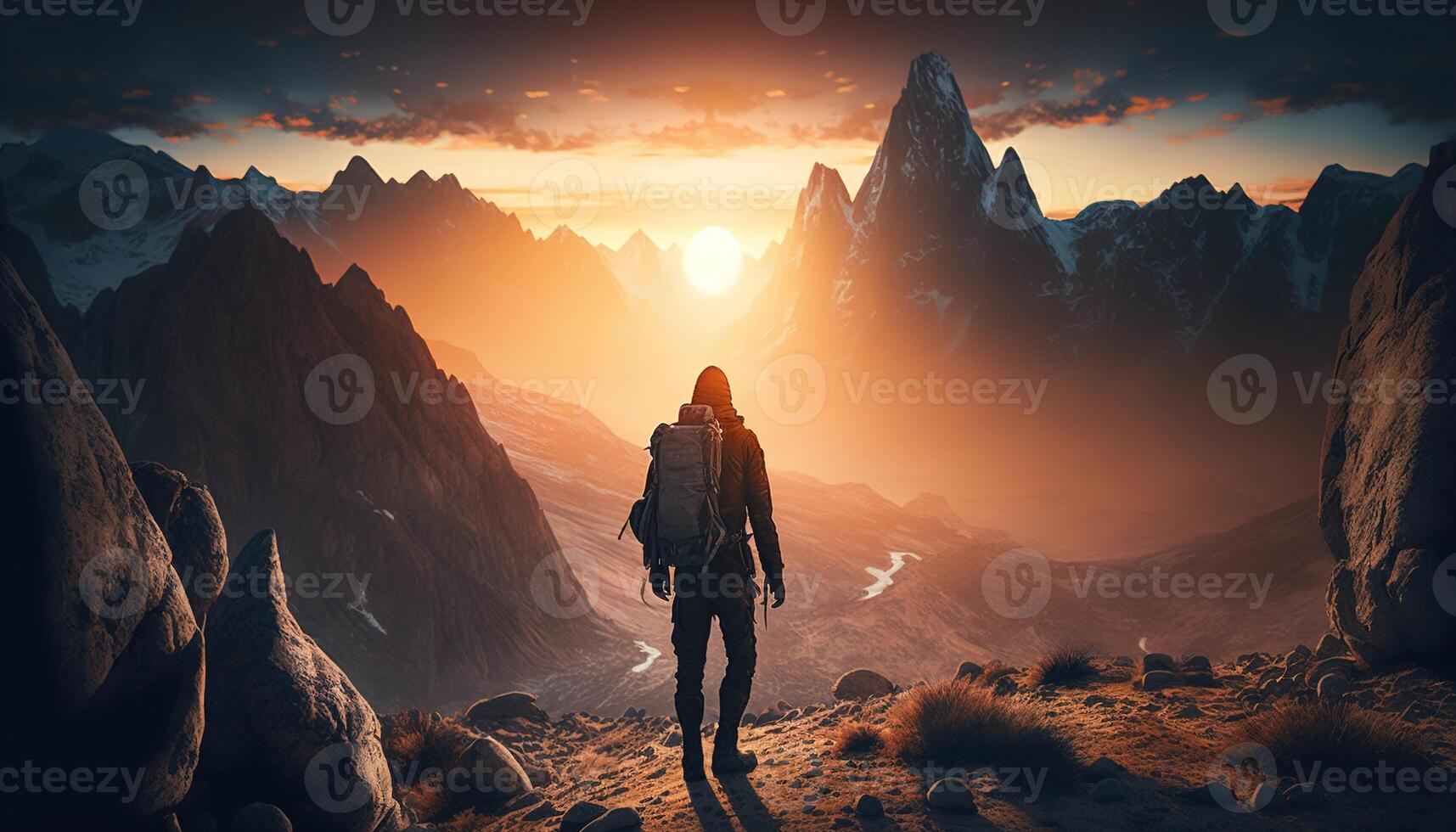 illustration of interdimensional traveler admiring orange sunset photo