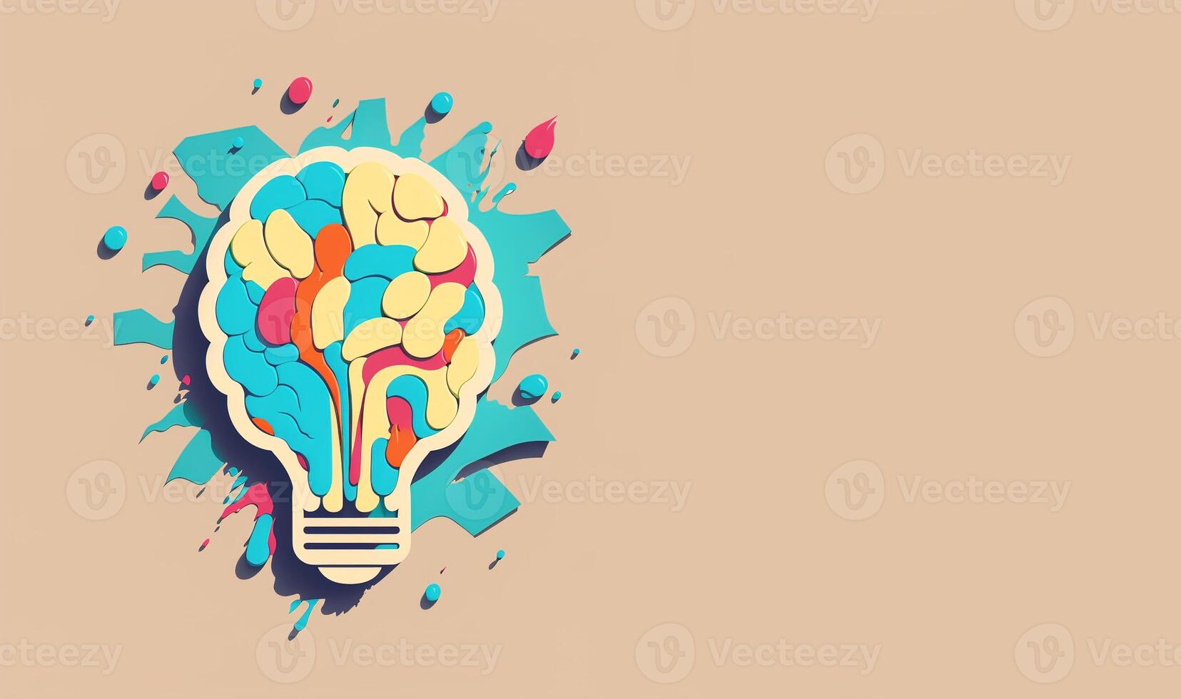 illustration collage with brain lamp bulb on color flat style. Idea and creativity concept. Copy space photo