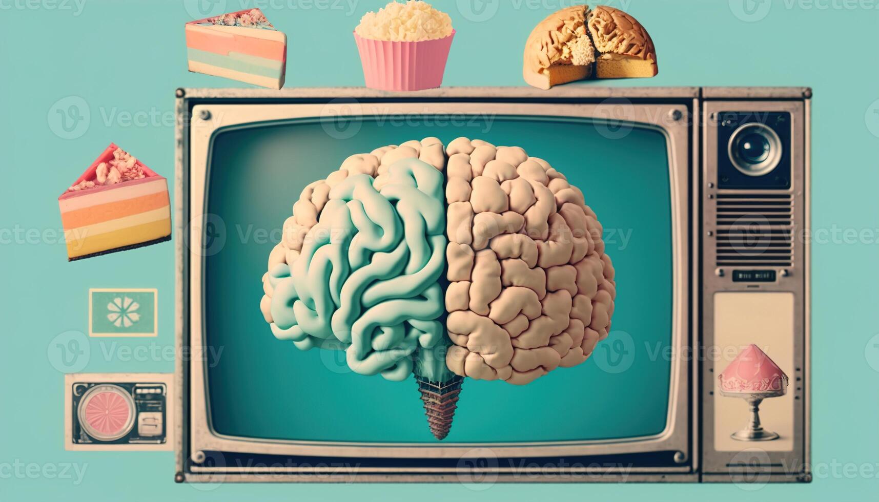 brain on old television, vintage style collage. illustration photo