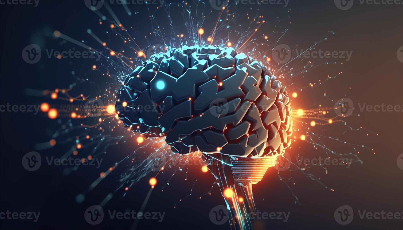 Futuristic creative brain with neon colorful light and sparks. illustration photo