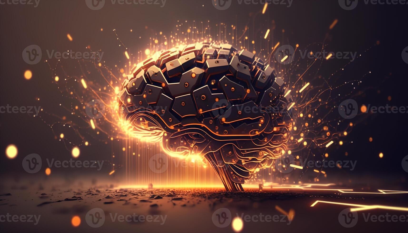 Futuristic creative brain with neon colorful light and sparks. illustration photo