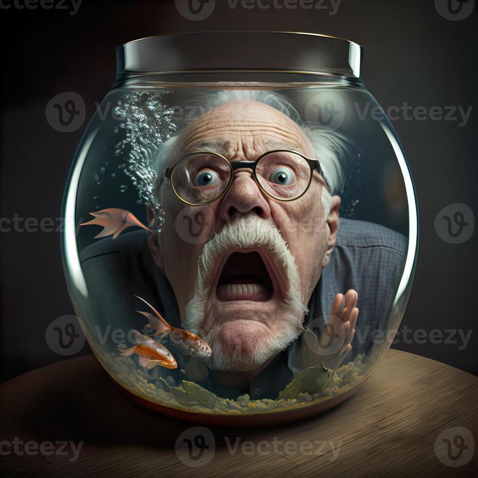 gritando abuelo bloqueado en un pequeño pescado tanque. ai generativo foto