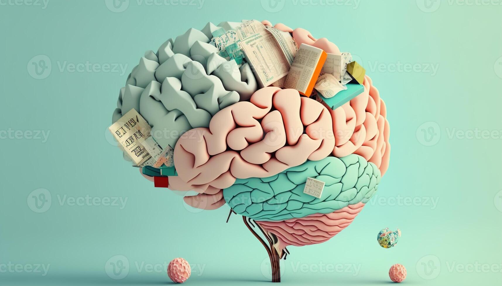 vintage 3d brain learning with books on blue background. illustration photo