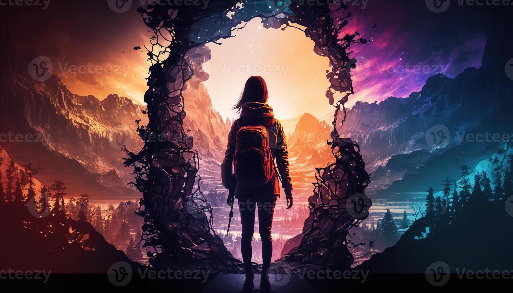 illustration of interdimensional traveler with backpack and baggage photo