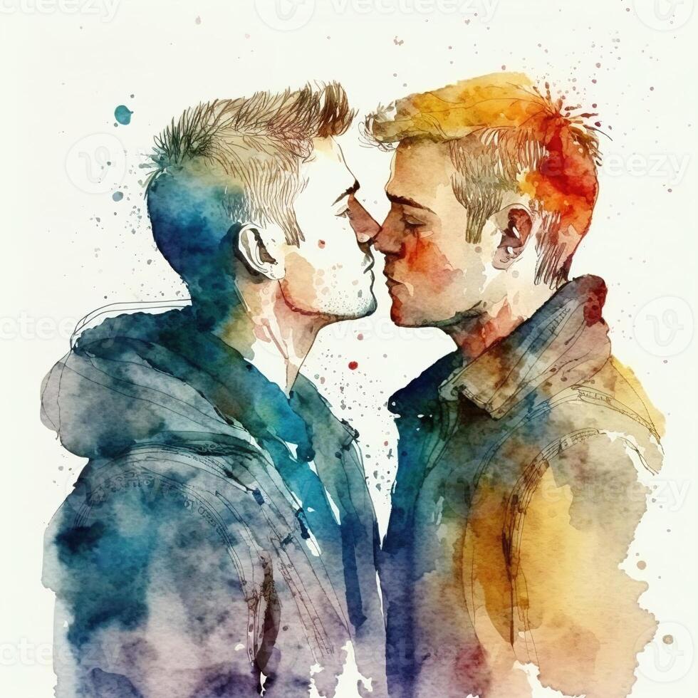 watercolor illustration of two gay men kissing, a couple in love photo