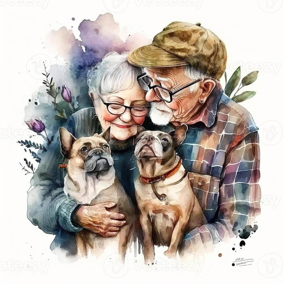 watercolor illustration of adorable aged man and woman embracing cute French Bulldogs against purple flowers photo