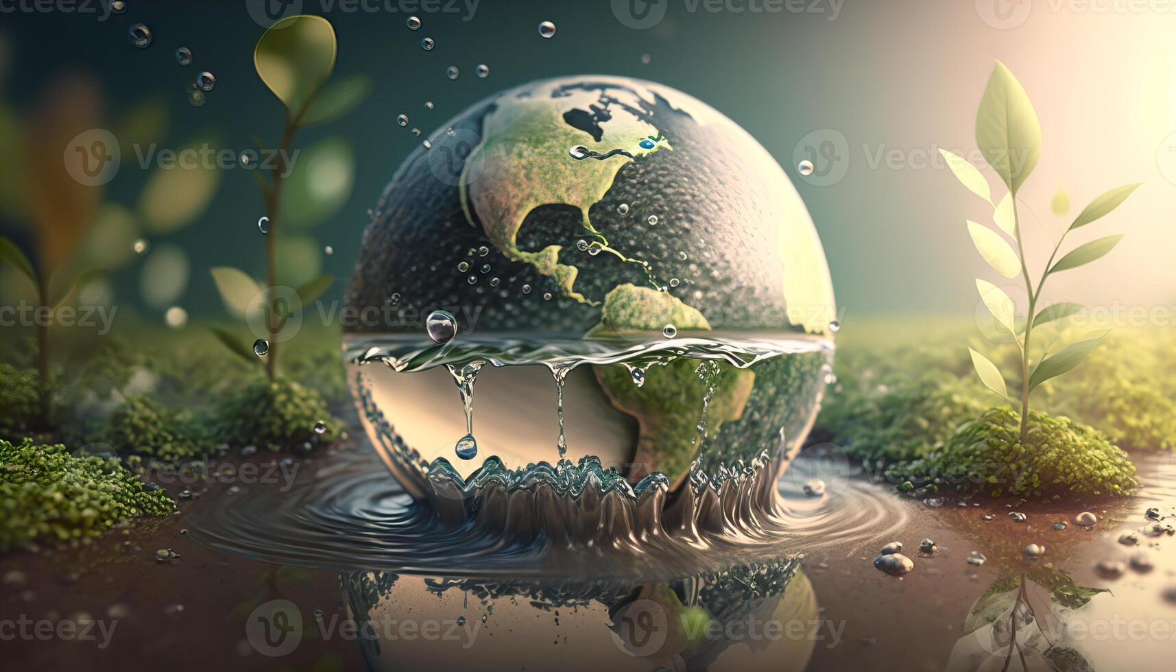 Creative illustration of water on Earth globe with green trees photo