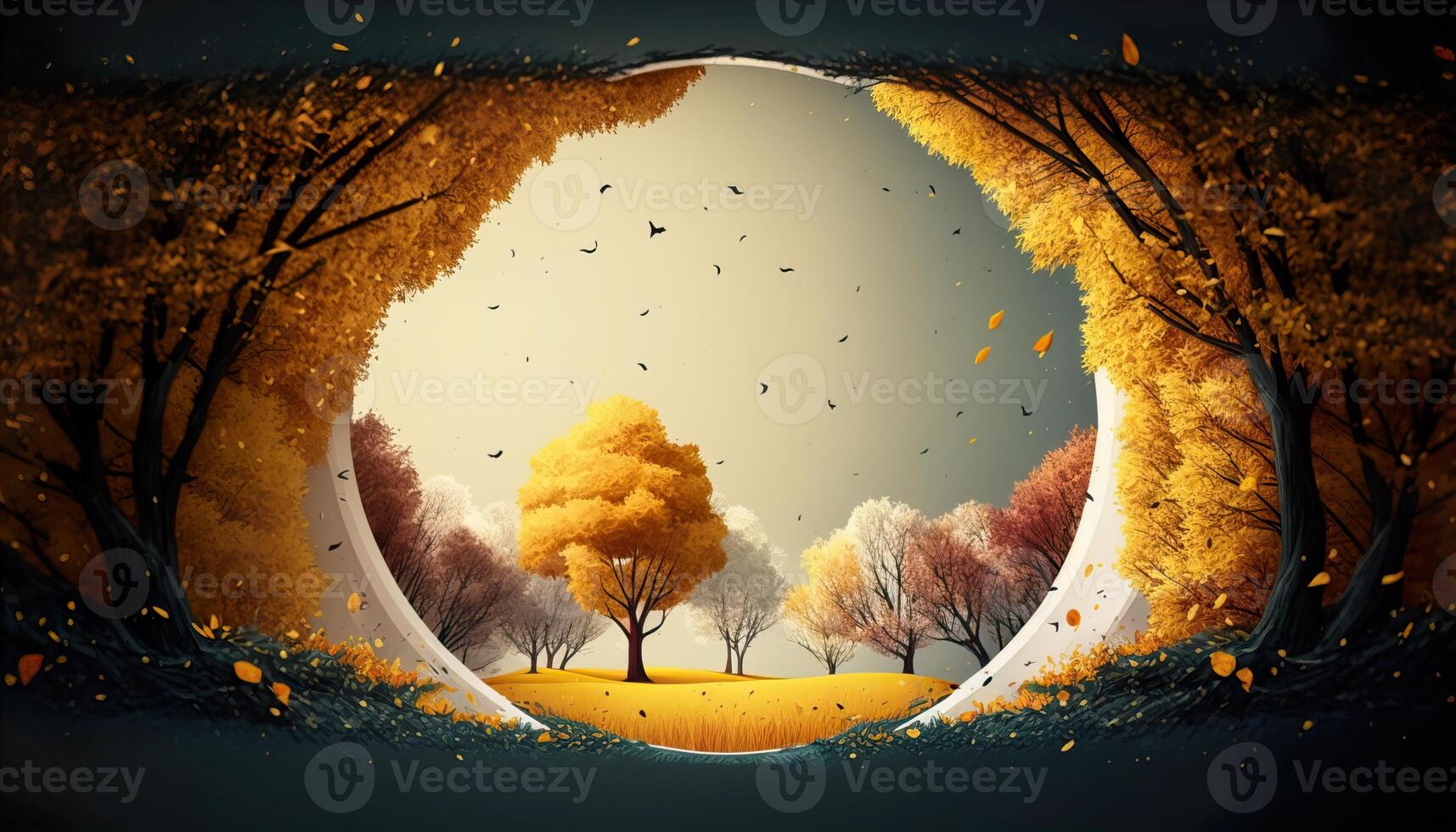 illustration of colorful autumn trees with round shaped frame photo