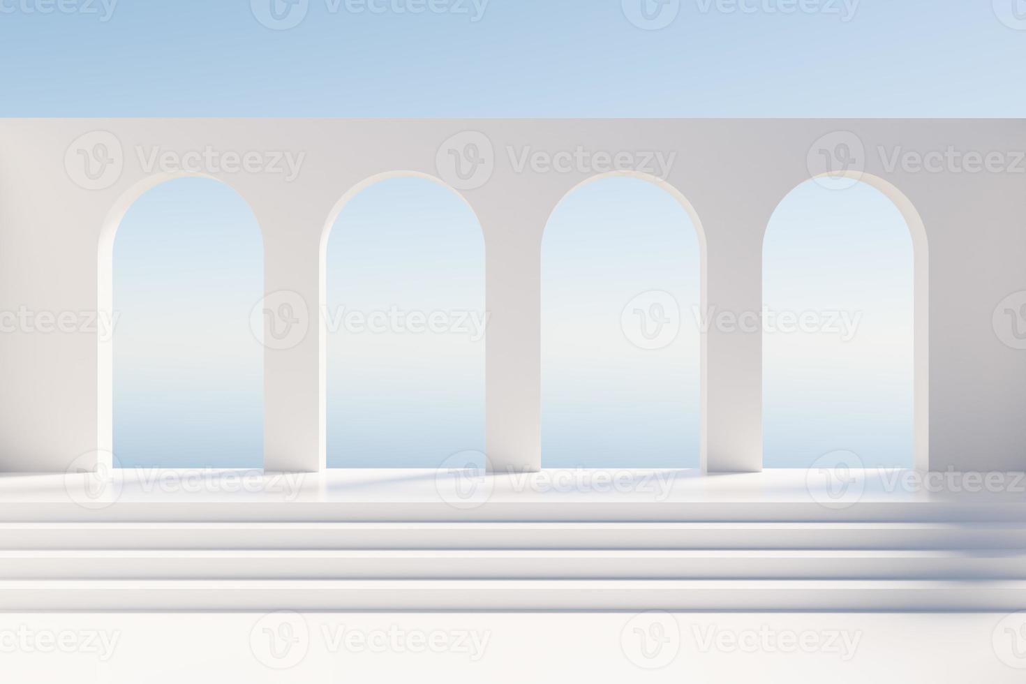 3D arched wall and stairs under blue sky photo