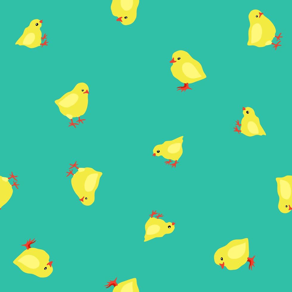 Vector seamless pattern with yellow chicks on bright blue-green background.