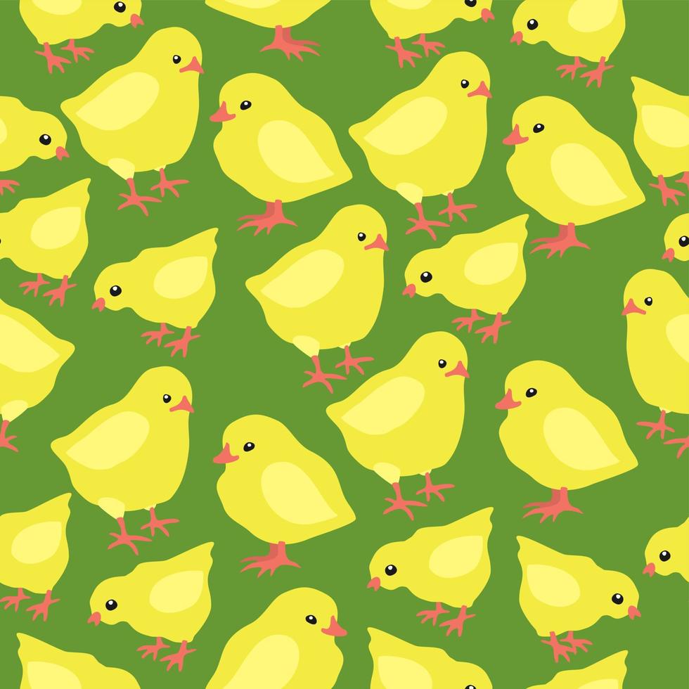 Vector seamless pattern with yellow chicks on green background.