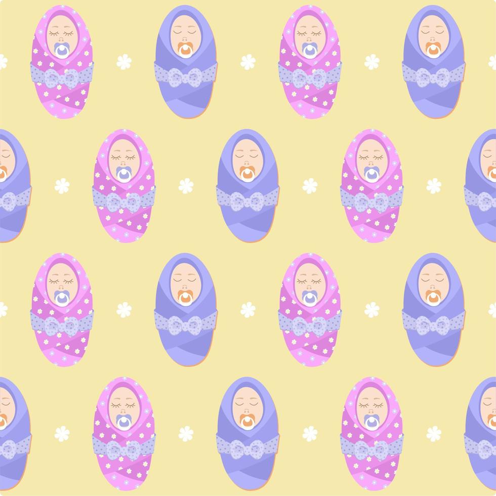 Vector seamless soft pastel pattern with newborn babies wrapped in blankets and with pacifiers.