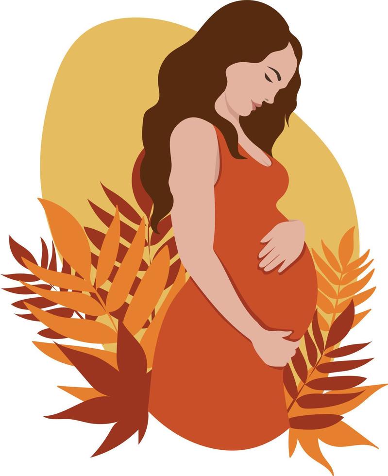 Pregnant beautiful woman hugging her pregnant belly on a yellow background with autumn leaves. Happy pregnancy. Vector illustration. Pregnant woman in autumn.