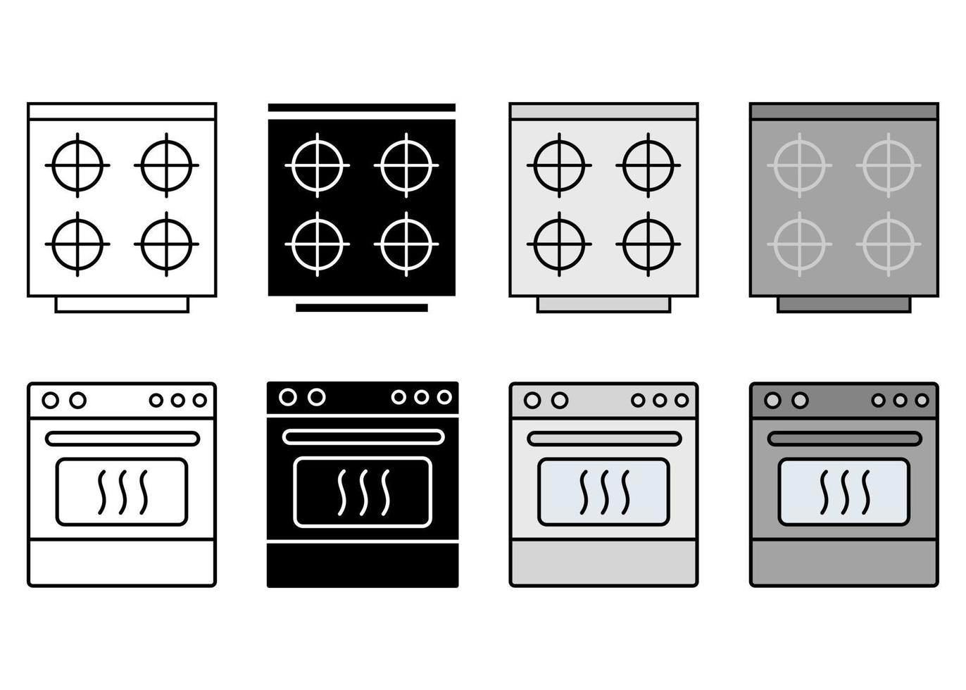 Horno y horno íconos para web y superficie. embalaje señales. instrucción simbolos plano diseño vector
