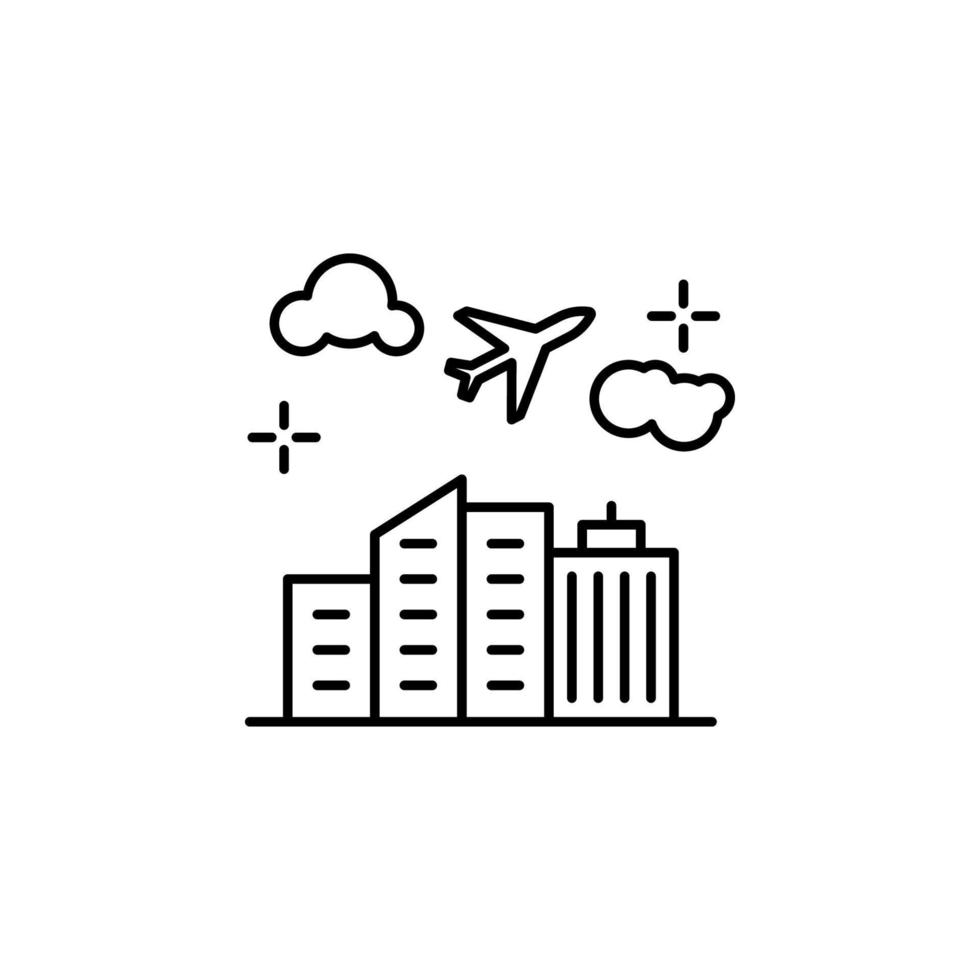 Airplane, buildings, flight vector icon