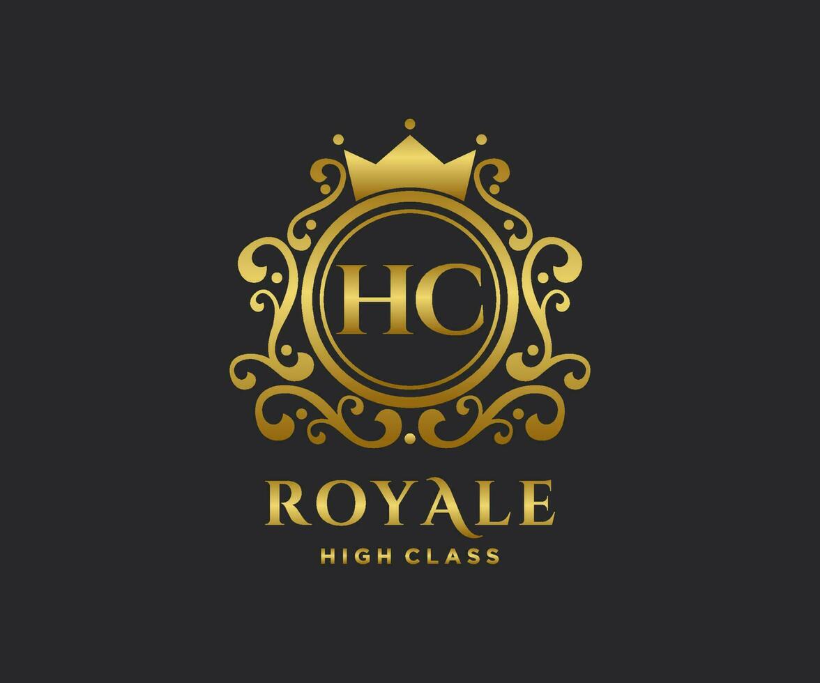 Golden Letter HC template logo Luxury gold letter with crown. Monogram alphabet . Beautiful royal initials letter. vector