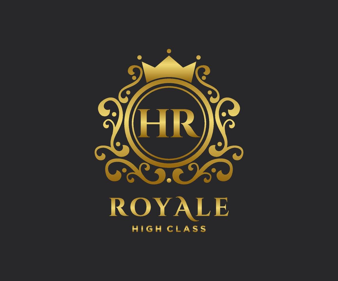 Golden Letter HR template logo Luxury gold letter with crown. Monogram alphabet . Beautiful royal initials letter. vector