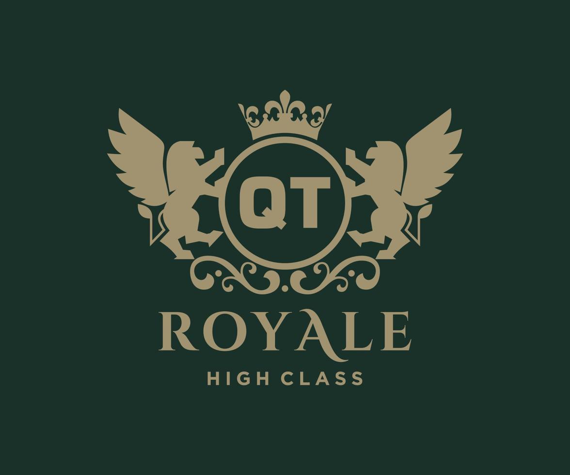 Golden Letter QT template logo Luxury gold letter with crown. Monogram alphabet . Beautiful royal initials letter. vector
