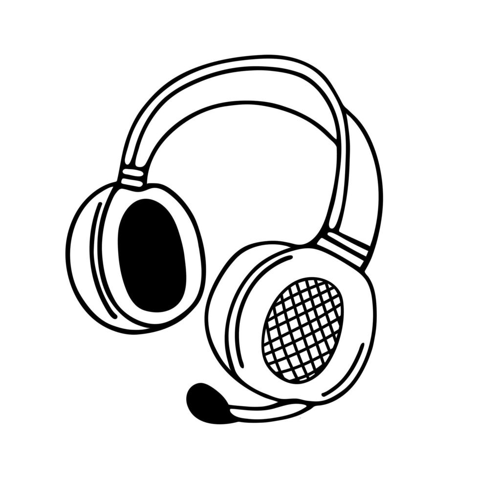 Headphones vector icon. Modern gadget for games, music, DJ, stream. Device with a microphone, headset. Hand drawn illustration isolated on white. Simple doodle, line art. Clipart for logo, apps, web
