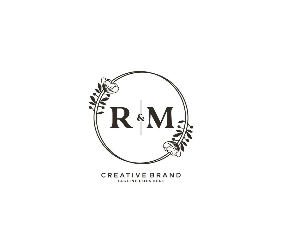 initial RM letters hand drawn feminine and floral botanical logo suitable for spa salon skin hair beauty boutique and cosmetic company. vector