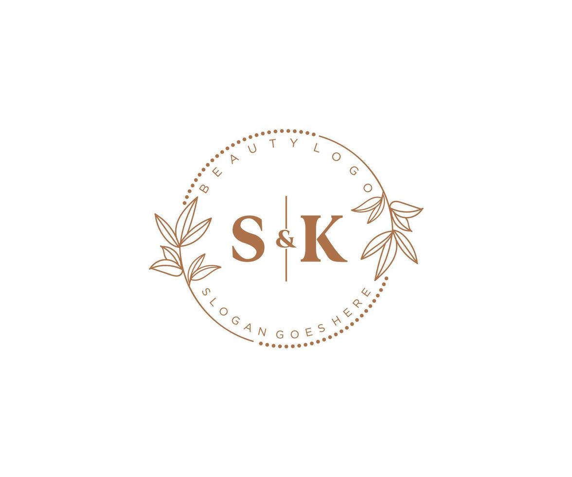 initial SK letters Beautiful floral feminine editable premade monoline logo suitable for spa salon skin hair beauty boutique and cosmetic company. vector