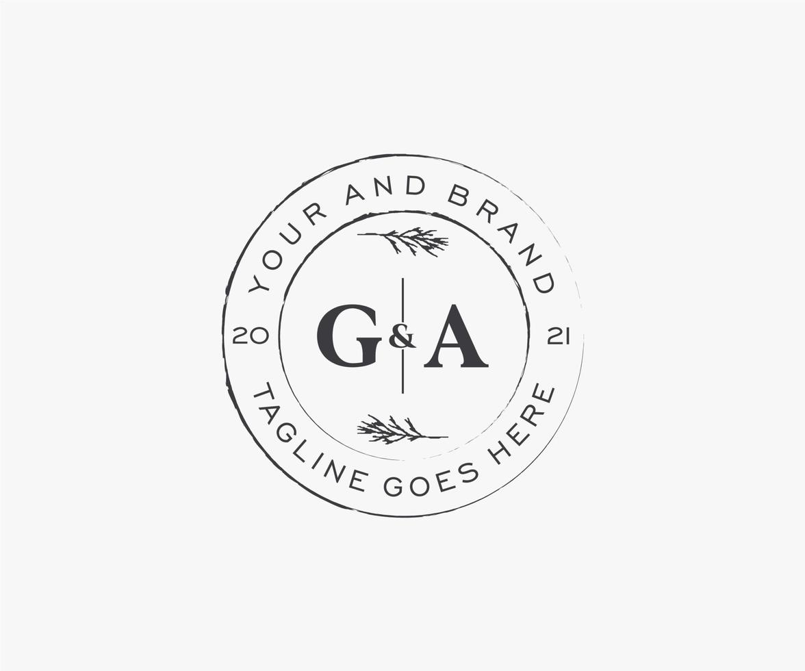 initial GA letters floral frames. Botanical feminine editable premade monoline unique decoration for greeting card, wedding invitation. vector