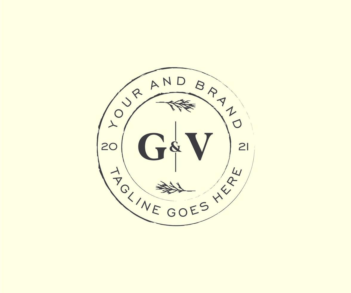 initial GV letters floral frames. Botanical feminine editable premade monoline unique decoration for greeting card, wedding invitation. vector