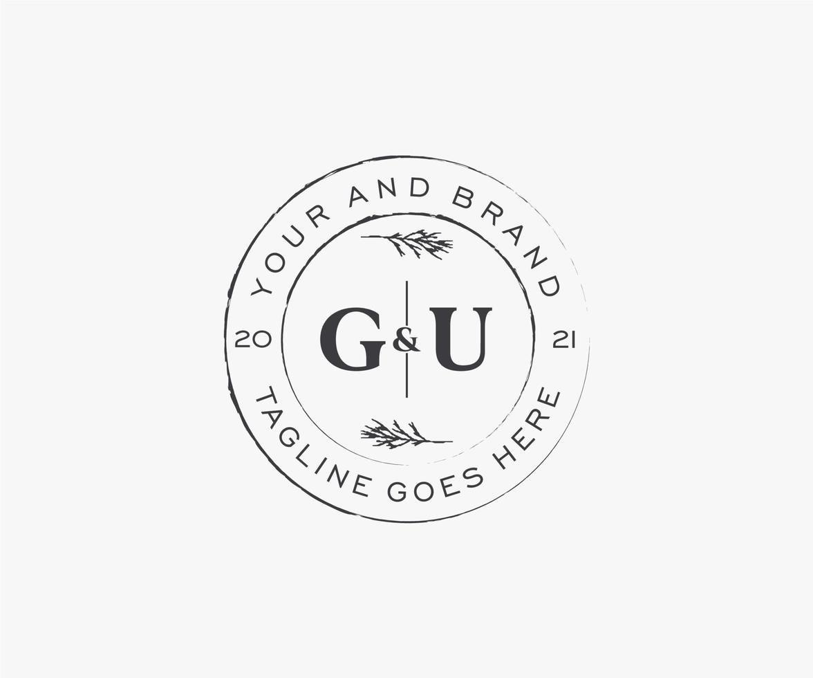 initial GU letters floral frames. Botanical feminine editable premade monoline unique decoration for greeting card, wedding invitation. vector