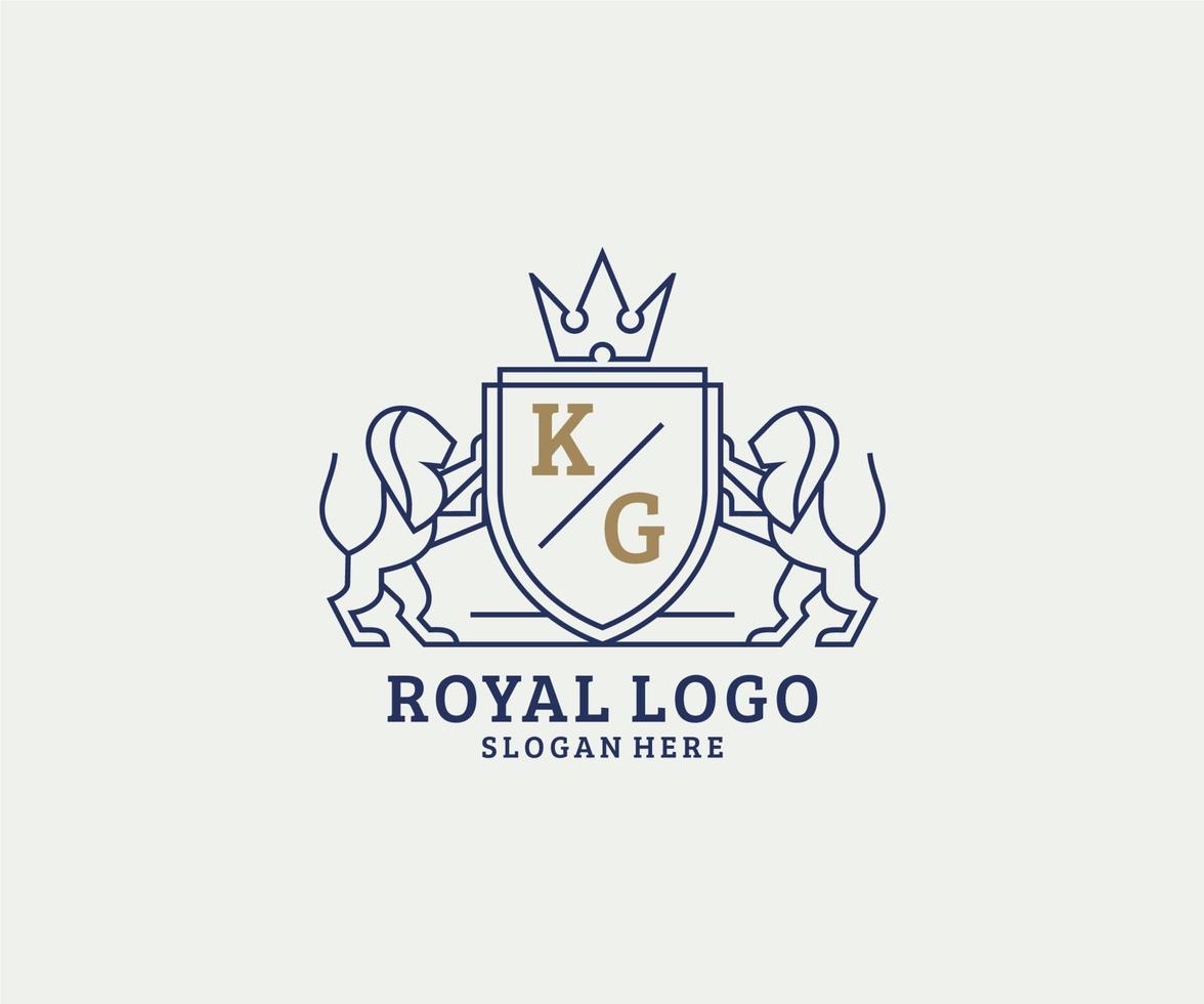 Initial KG Letter Lion Royal Luxury Logo template in vector art for Restaurant, Royalty, Boutique, Cafe, Hotel, Heraldic, Jewelry, Fashion and other vector illustration.