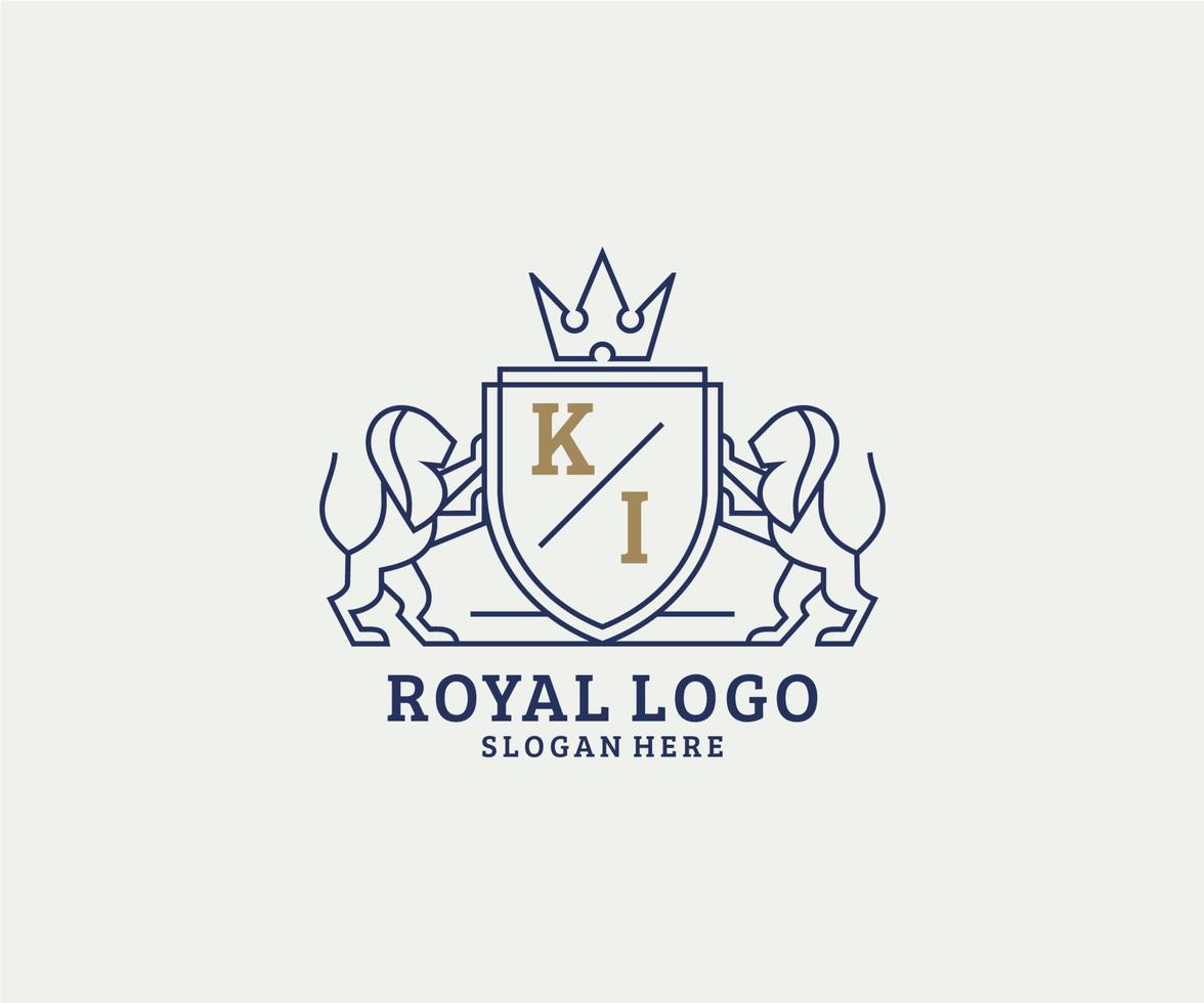 plantilla de logotipo de lujo real de león de letra ki inicial en arte vectorial para restaurante, realeza, boutique, cafetería, hotel, heráldica, joyería, moda y otras ilustraciones vectoriales. vector