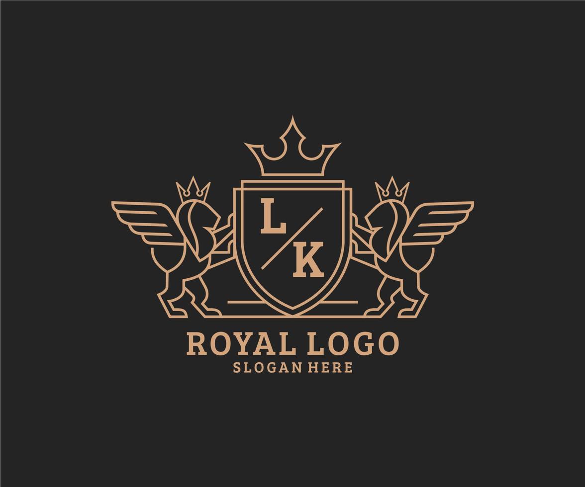 Initial LK Letter Lion Royal Luxury Heraldic,Crest Logo template in vector art for Restaurant, Royalty, Boutique, Cafe, Hotel, Heraldic, Jewelry, Fashion and other vector illustration.