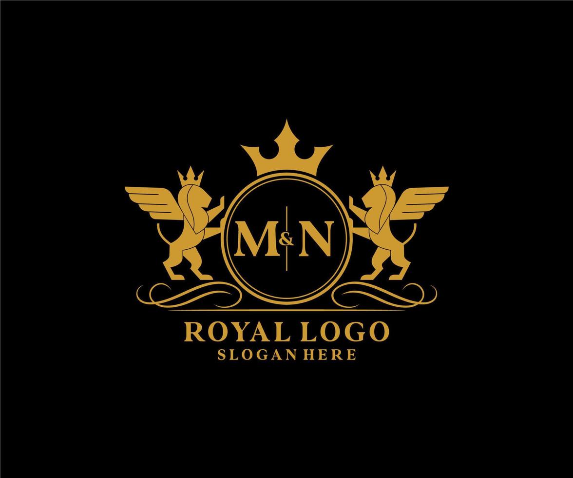 Initial MN Letter Lion Royal Luxury Heraldic,Crest Logo template in vector art for Restaurant, Royalty, Boutique, Cafe, Hotel, Heraldic, Jewelry, Fashion and other vector illustration.