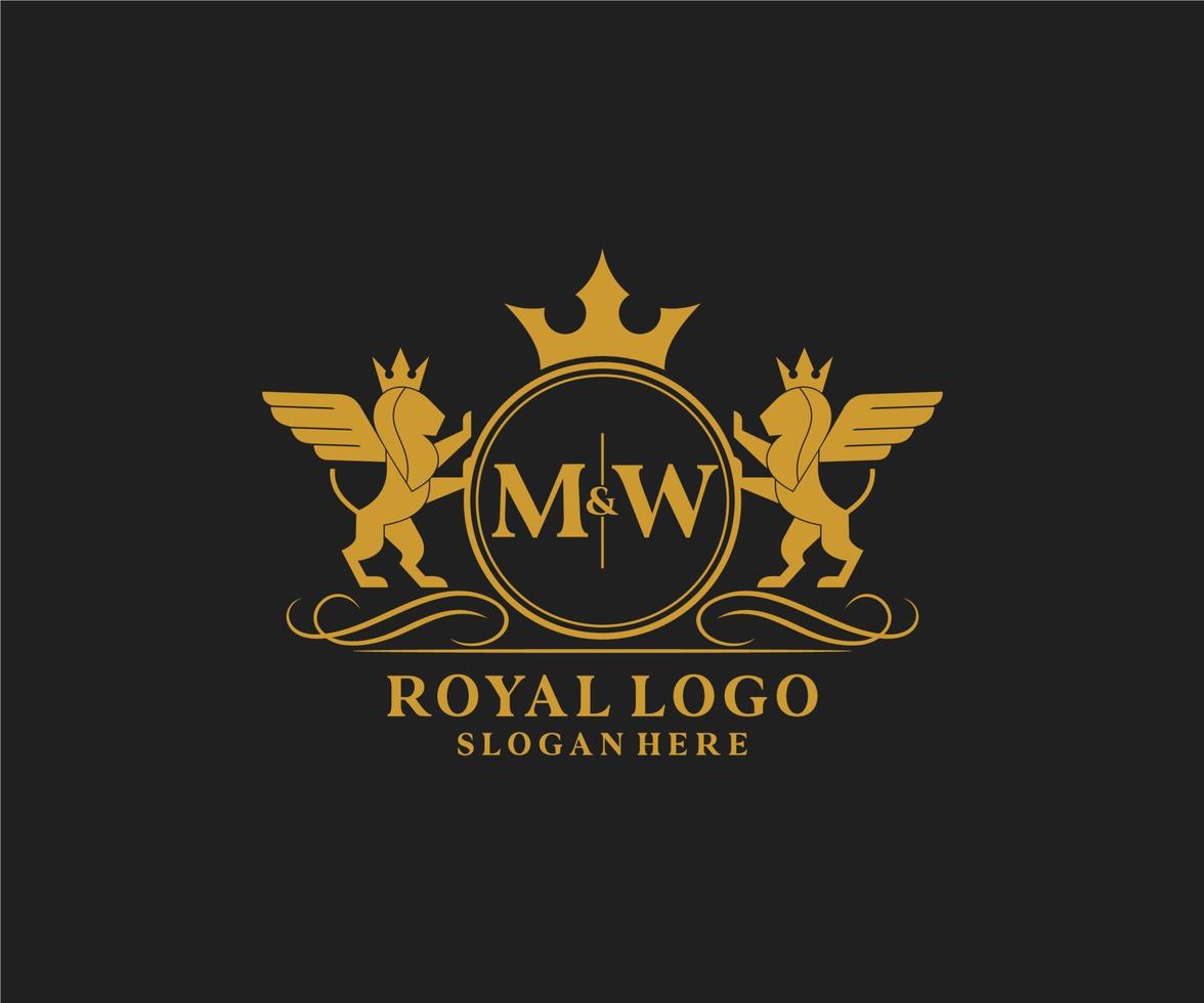 Initial MW Letter Lion Royal Luxury Heraldic,Crest Logo template in vector art for Restaurant, Royalty, Boutique, Cafe, Hotel, Heraldic, Jewelry, Fashion and other vector illustration.